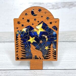 Wooden Night Light Wolf Mountain Stars Moon Plug In Lamp Handmade Forrest